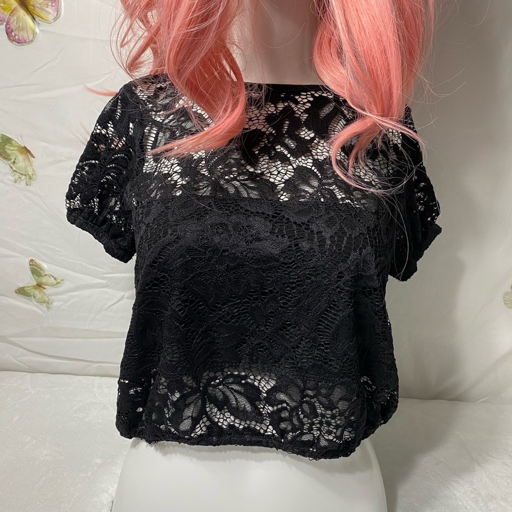Black Boxy Crop Blouse with Lace